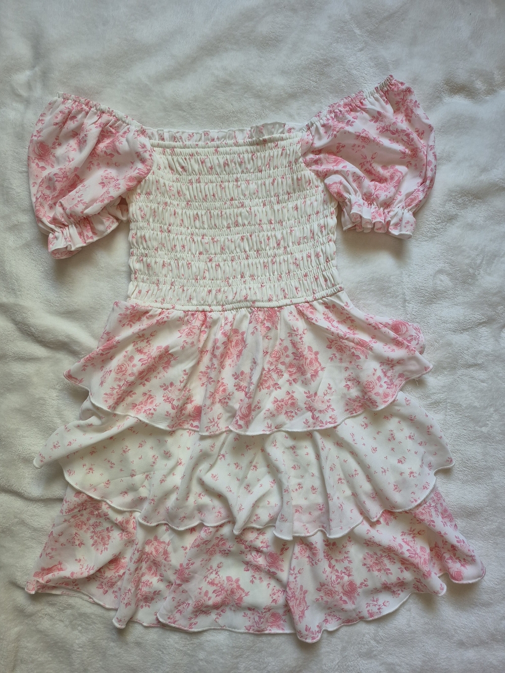 Smocked Puff-Sleeve Mini Dress in Soft Pink Floral